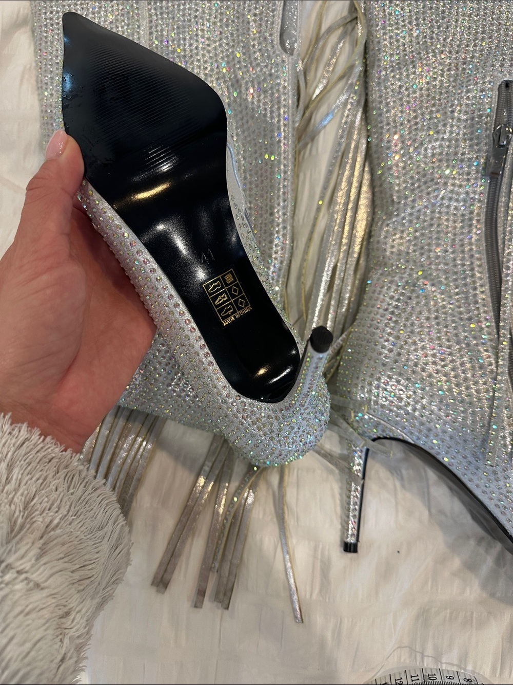 Silver Rhinestone Fringe high Stiletto Boots - Picture 6 of 9